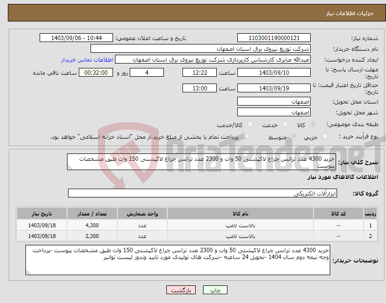 تصویر کوچک آگهی نیاز انتخاب تامین کننده-خرید 4300 عدد ترانس چراغ لاکپشتی 50 وات و 2300 عدد ترانس چراغ لاکپشتی 150 وات طبق مشخصات پیوست 