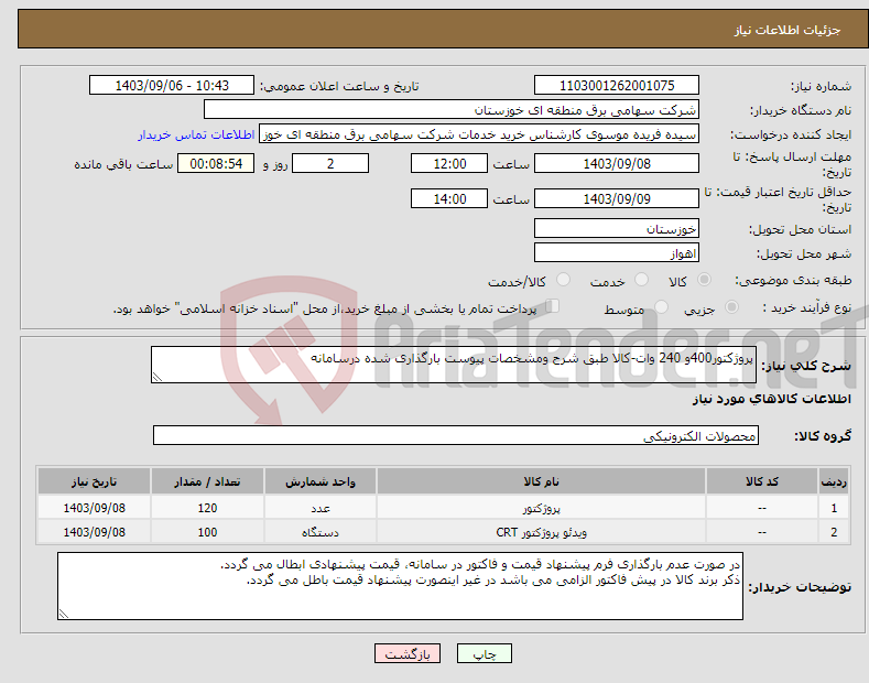 تصویر کوچک آگهی نیاز انتخاب تامین کننده-پروژکتور400و 240 وات-کالا طبق شرح ومشخصات پیوست بارگذاری شده درسامانه 