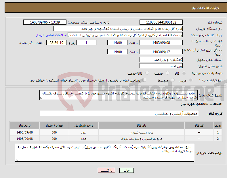 تصویر کوچک آگهی نیاز انتخاب تامین کننده- مایع دستشویی وظرفشویی20لیتری برند(صحت- گلرنگ- اکتیو- جسور-پریل) با کیفیت وحداقل مصرف یکساله هزینه حمل به عهده فروشنده میباشد