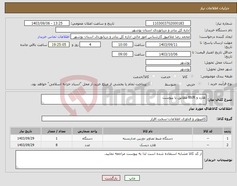 تصویر کوچک آگهی نیاز انتخاب تامین کننده-هارد و NVR مطابق با پیوست