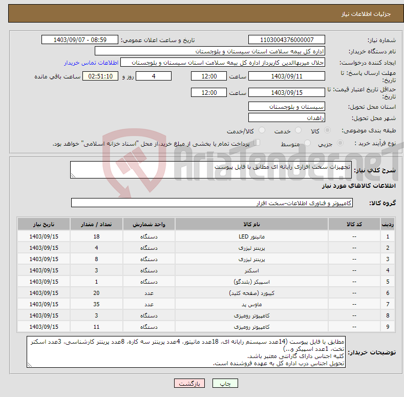 تصویر کوچک آگهی نیاز انتخاب تامین کننده-تجهیزات سخت افزاری رایانه ای مطابق با فایل پیوست