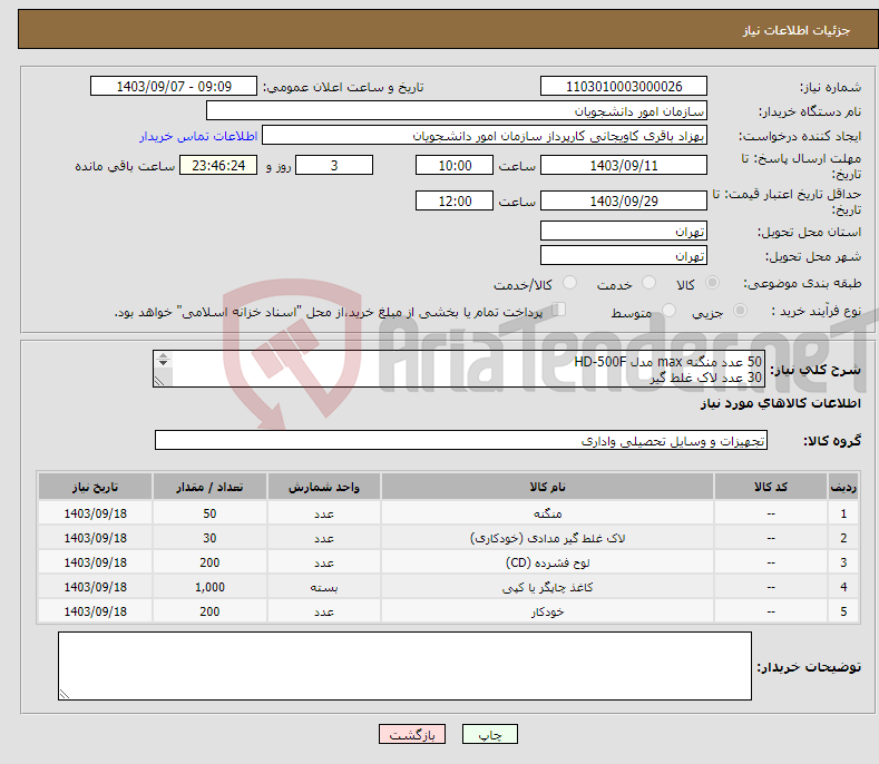 تصویر کوچک آگهی نیاز انتخاب تامین کننده-50 عدد منگنه max مدل HD-500F 30 عدد لاک غلط گیر 200 عدد سی دی خام 1000 بسته کاغذ a4 cell print 200 عدد خودکار آبی کیان