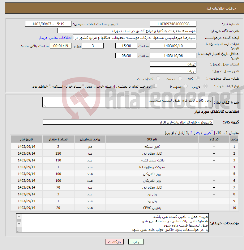 تصویر کوچک آگهی نیاز انتخاب تامین کننده-پریز، کابل، تابلو کروز طبق لیست پیوست.