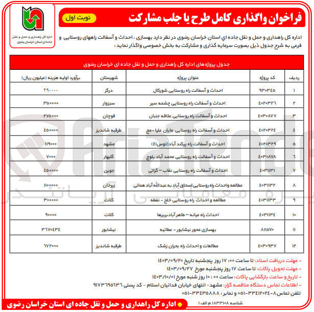 تصویر کوچک آگهی احداث و آسفالت راه روستایی شورکال 