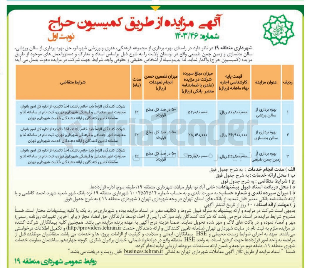 تصویر کوچک آگهی بهره برداری از مجموعه فرهنگی ،هنری و ورزشی شهربانو ،حق بهره برداری از سالن ورزشی سالن بدنسازی ،زمین چمن طبیعی 