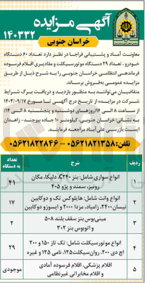 تصویر کوچک آگهی فروش تعداد 60 دستگاه خودرو ،تعداد 29 دستگاه موتور سیکلت ومقادیری اقلام فرسوده 