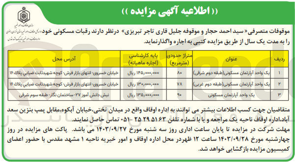 تصویر کوچک آگهی واگذاری رقبات مسکونی در 3 ردیف 