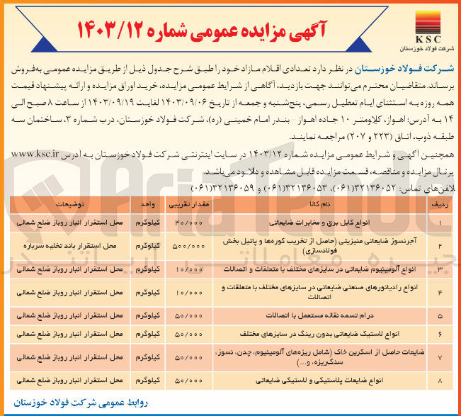 تصویر کوچک آگهی فروش تعدادی  اقلام مازاد در 8 ردیف شامل :
انواع کابل برق و مخابرت ضایعاتی ،درام تسمه نقاله مستعمل با اتصالات ،انواع ضایعات پلاستیکی ضایعاتی ،انواع لاستیک ضایعاتی ضایعاتی بدون رینگ در سایز های مختلف و....