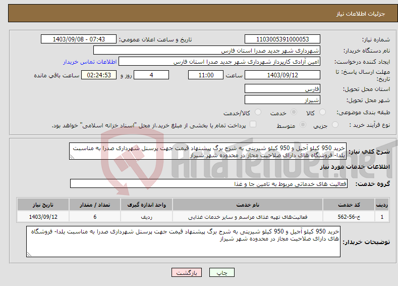 تصویر کوچک آگهی نیاز انتخاب تامین کننده-خرید 950 کیلو آجیل و 950 کیلو شیرینی به شرح برگ پیشنهاد قیمت جهت پرسنل شهرداری صدرا به مناسبت یلدا- فروشگاه های دارای صلاحیت مجاز در محدوده شهر شیراز