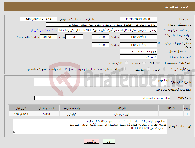 تصویر کوچک آگهی نیاز انتخاب تامین کننده-لوبیا قرمز