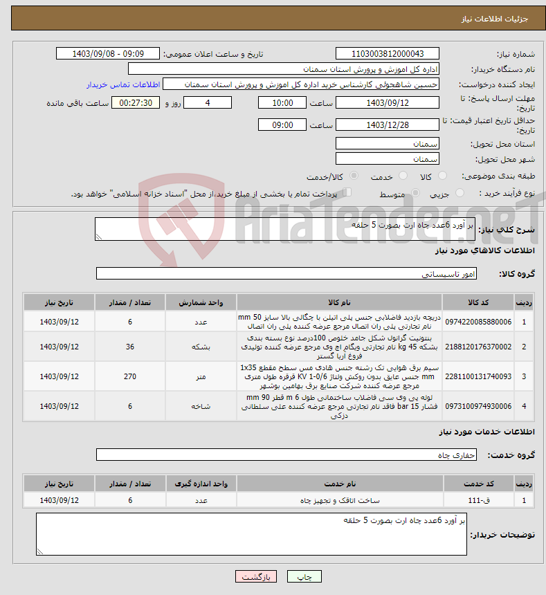 تصویر کوچک آگهی نیاز انتخاب تامین کننده-بر آورد 6عدد چاه ارت بصورت 5 حلقه