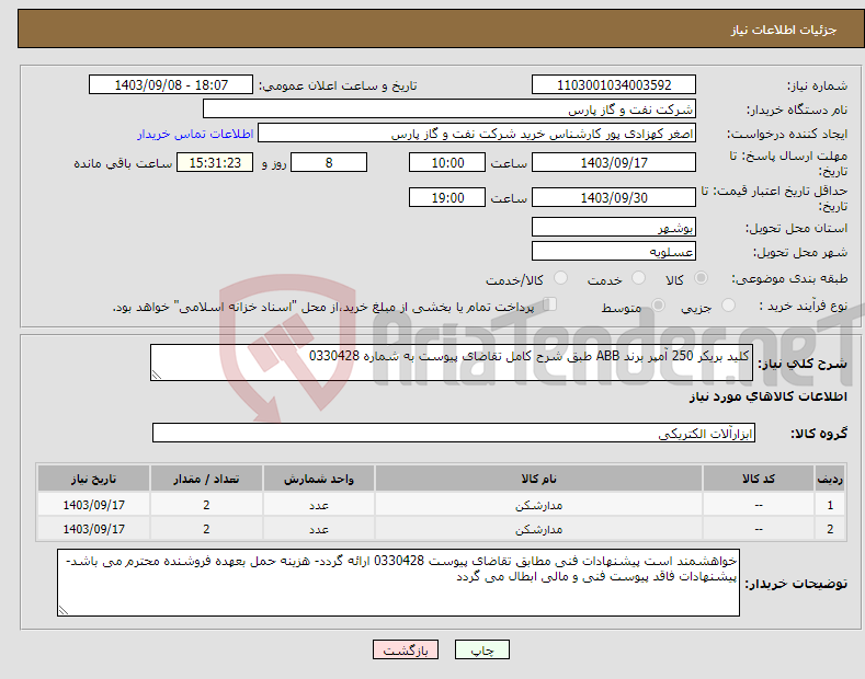 تصویر کوچک آگهی نیاز انتخاب تامین کننده-کلید بریکر 250 آمپر برند ABB طبق شرح کامل تقاضای پیوست به شماره 0330428