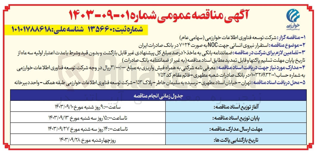 تصویر کوچک آگهی استقرار نیروی انسانی جهت noc به صورت 24*7 در بانک صادرات ایران 