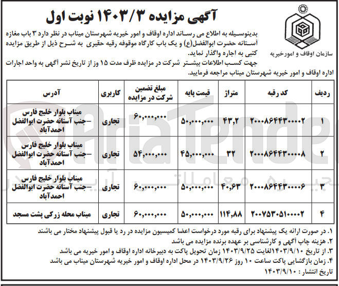 تصویر کوچک آگهی واگذاری 3 باب مغازه و یک باب کارگاه موقوفه رقیه حقیری