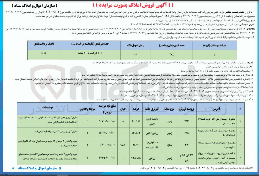 تصویر کوچک آگهی فروش املاک ومستغلات در 4 ردیف باکاربری زراعی ،مسکونی ،مختلط 