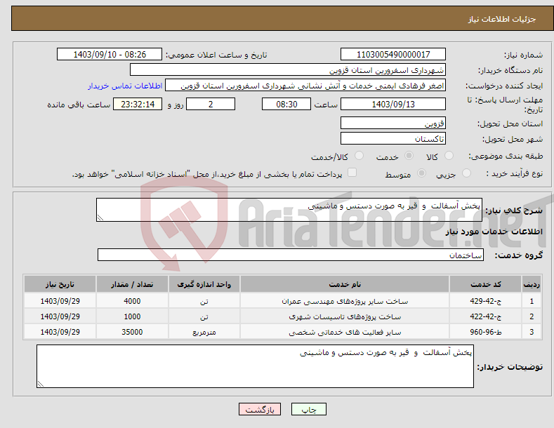 تصویر کوچک آگهی نیاز انتخاب تامین کننده-پخش آسفالت و قیر به صورت دستس و ماشینی