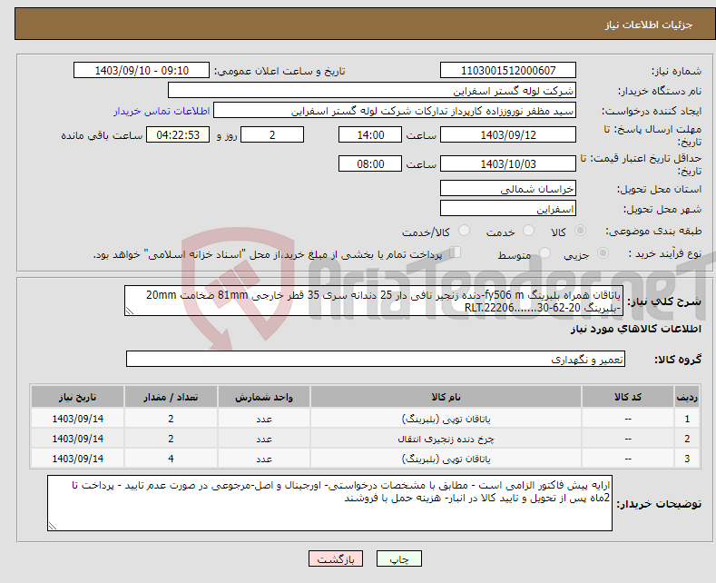 تصویر کوچک آگهی نیاز انتخاب تامین کننده-یاتاقان همراه بلبرینگ fy506 m-دنده زنجیر نافی دار 25 دندانه سری 35 قطر خارجی 81mm ضخامت 20mm -بلبرینگ RLT.22206.......30-62-20