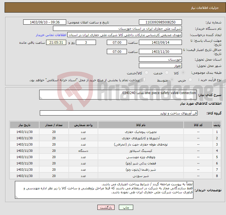 تصویر کوچک آگهی نیاز انتخاب تامین کننده-one piece safety valve connection تقاضا 0340240