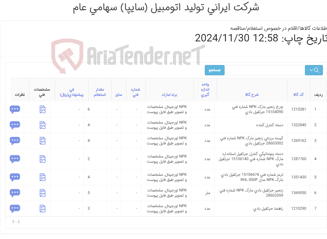 تصویر کوچک آگهی تامین هفت ردیف کالاهای یدکی جرثقیل بادی