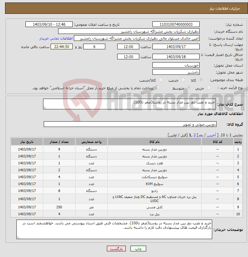 تصویر کوچک آگهی نیاز انتخاب تامین کننده-خرید و نصب دور بین مدار بسته در روستا(صفر تا100)