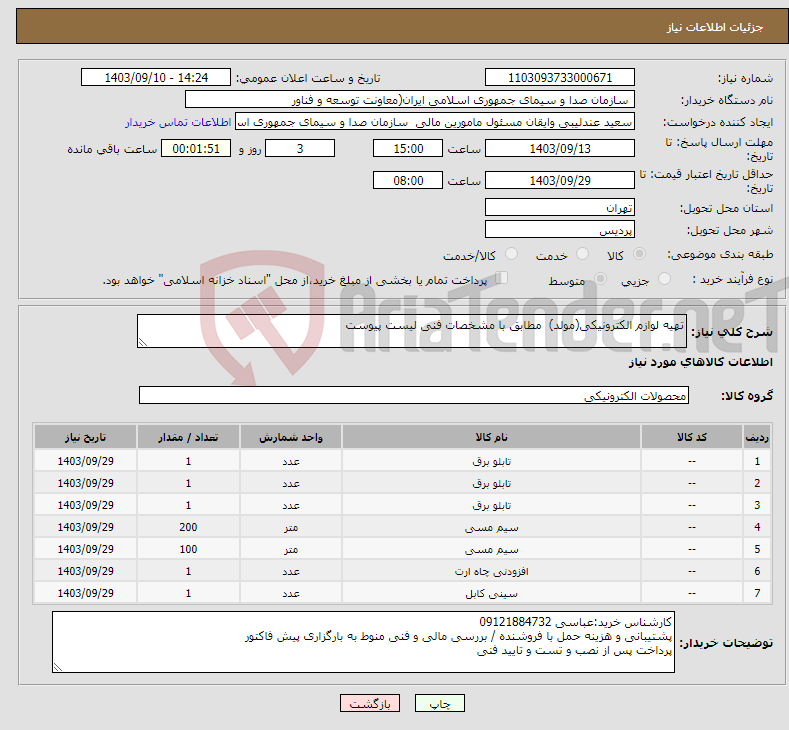 تصویر کوچک آگهی نیاز انتخاب تامین کننده-تهیه لوازم الکترونیکی(مولد) مطابق با مشخصات فنی لیست پیوست