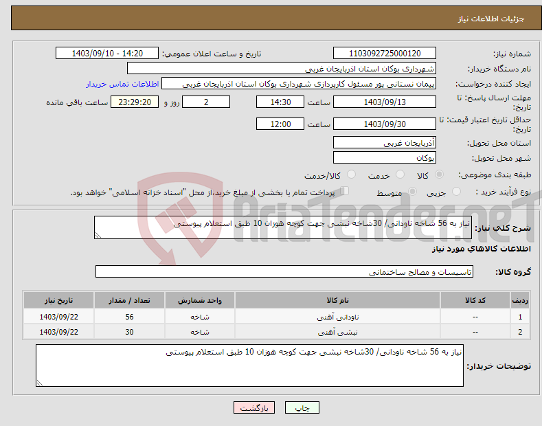 تصویر کوچک آگهی نیاز انتخاب تامین کننده-نیاز به 56 شاخه ناودانی/ 30شاخه نبشی جهت کوچه هوزان 10 طبق استعلام پیوستی