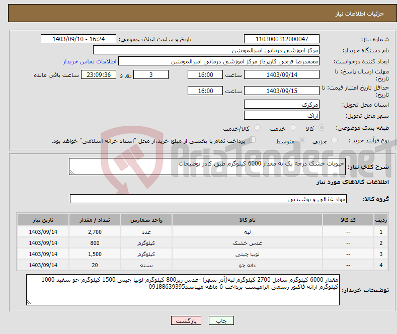 تصویر کوچک آگهی نیاز انتخاب تامین کننده-حبوبات خشک درجه یک به مقدار 6000 کیلوگرم طبق کادر توضیحات
