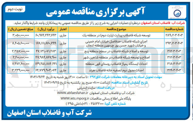 تصویر کوچک آگهی توسعه و اصلاح شبکه فاضلاب در سطح منطقه 5