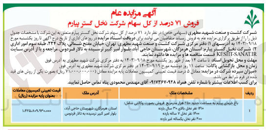 تصویر کوچک آگهی فروش 71 درصد از  کل سهام  شرکت نخل گستر پیارم 