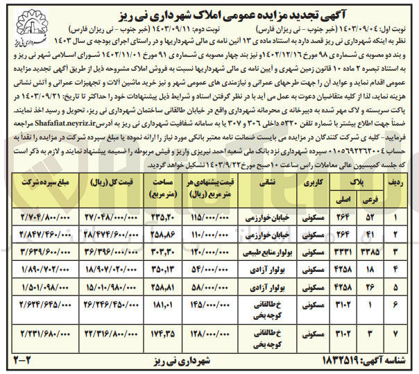 تصویر کوچک آگهی فروش املاک در 7 ردیف با کاربری مسکونی در پلاک های :
52 فرعی از 264 اصلی
41 فرعی از 264 اصلی
3385 فرعی از 3331 اصلی
18 فرعی از 4258 اصلی
26 فرعی از 4258 اصلی
1 فرعی از 3102 اصلی
3 فرعی از 3102 اصلی