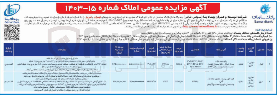 تصویر کوچک آگهی فروش املاک در شهرهای تهران و تبریز در دو ردیف