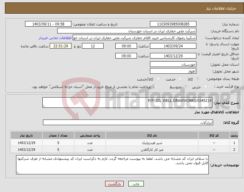 تصویر کوچک آگهی نیاز انتخاب تامین کننده-P/F: OIL WELL DRAWWORKS/0345219