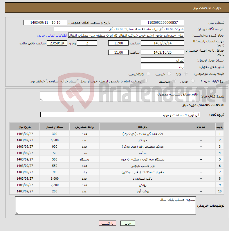 تصویر کوچک آگهی نیاز انتخاب تامین کننده-اقلام مطابق شناسه محصول