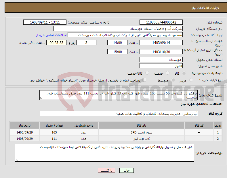 تصویر کوچک آگهی نیاز انتخاب تامین کننده-برقگیر 33 کیلو وات 55 دست 165 عدد و فیوز کت اوت 33 کیلو وات 37 دست 111 عدد طبق مشخصات فنی پیوست 