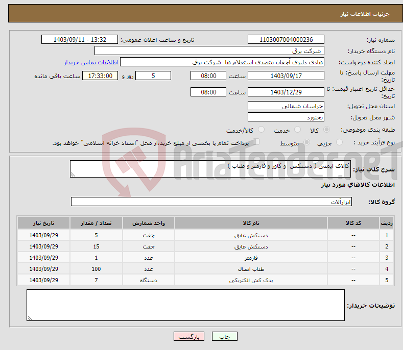 تصویر کوچک آگهی نیاز انتخاب تامین کننده-کالای ایمنی ( دستکش و کاور و فارمتر و طناب )