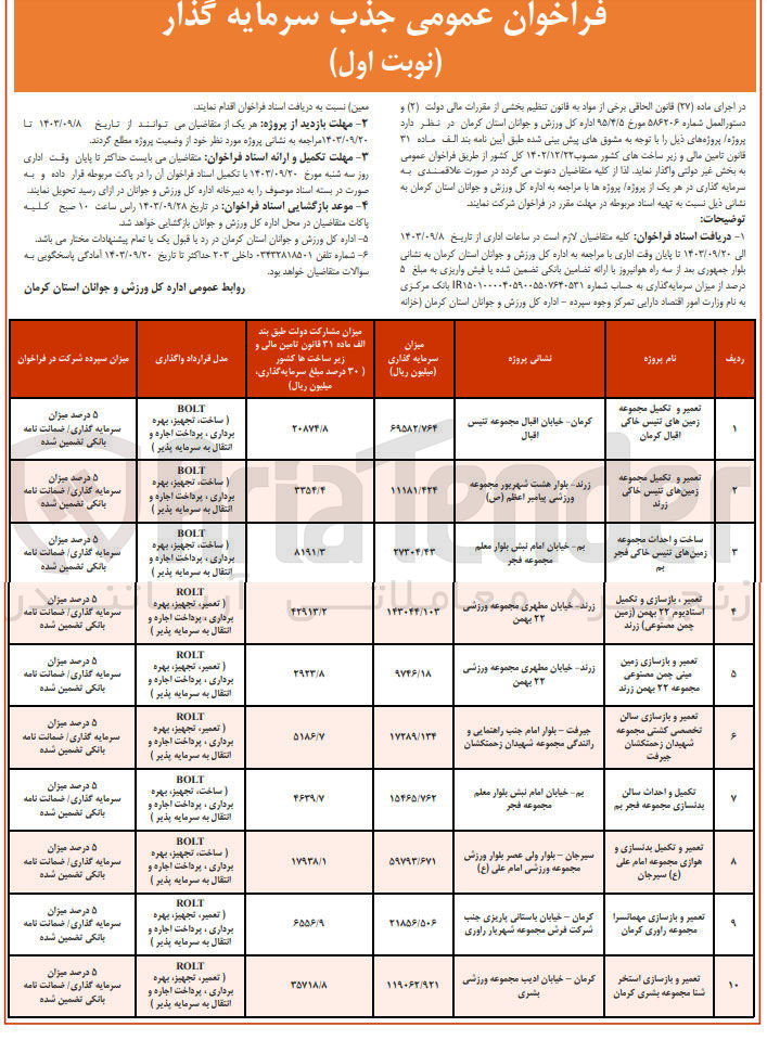 تصویر کوچک آگهی تعمیر وتکمیل مجموعه زمین های تنیس خاکی زرند به روش BOLT