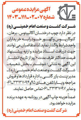 تصویر کوچک آگهی واگذاری چوب درختان آکالیپتوس ،برهان ،کنوکارپوس ،کهور