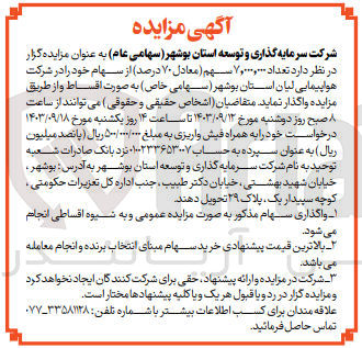 تصویر کوچک آگهی فروش تعداد ۷,۰۰۰,۰۰۰ سهم (معادل ۷۰ درصد) از سهام خود را در شرکت هواپیمایی لیان استان بوشهر 