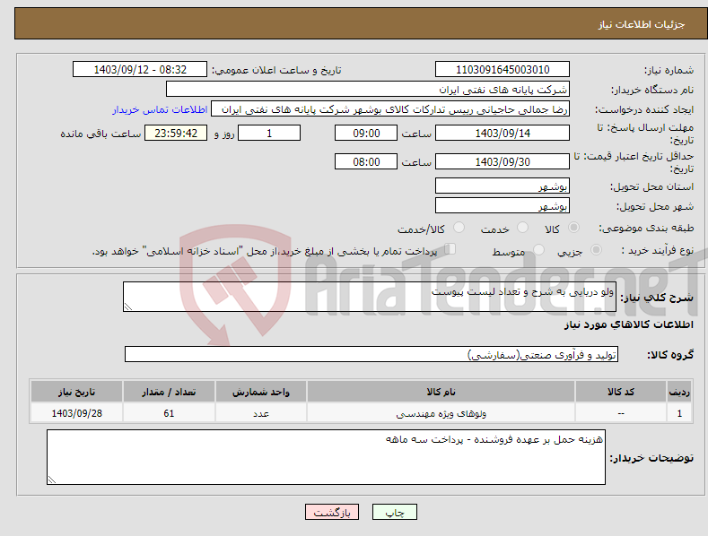 تصویر کوچک آگهی نیاز انتخاب تامین کننده-ولو دریایی به شرح و تعداد لیست پیوست