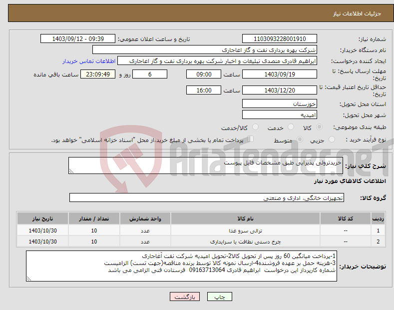 تصویر کوچک آگهی نیاز انتخاب تامین کننده-خریدترولی پذیرایی طبق مشخصات فایل پیوست 