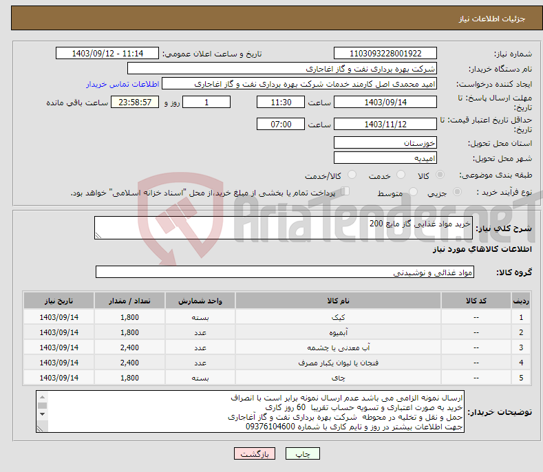 تصویر کوچک آگهی نیاز انتخاب تامین کننده-خرید مواد غذایی گاز مایع 200 