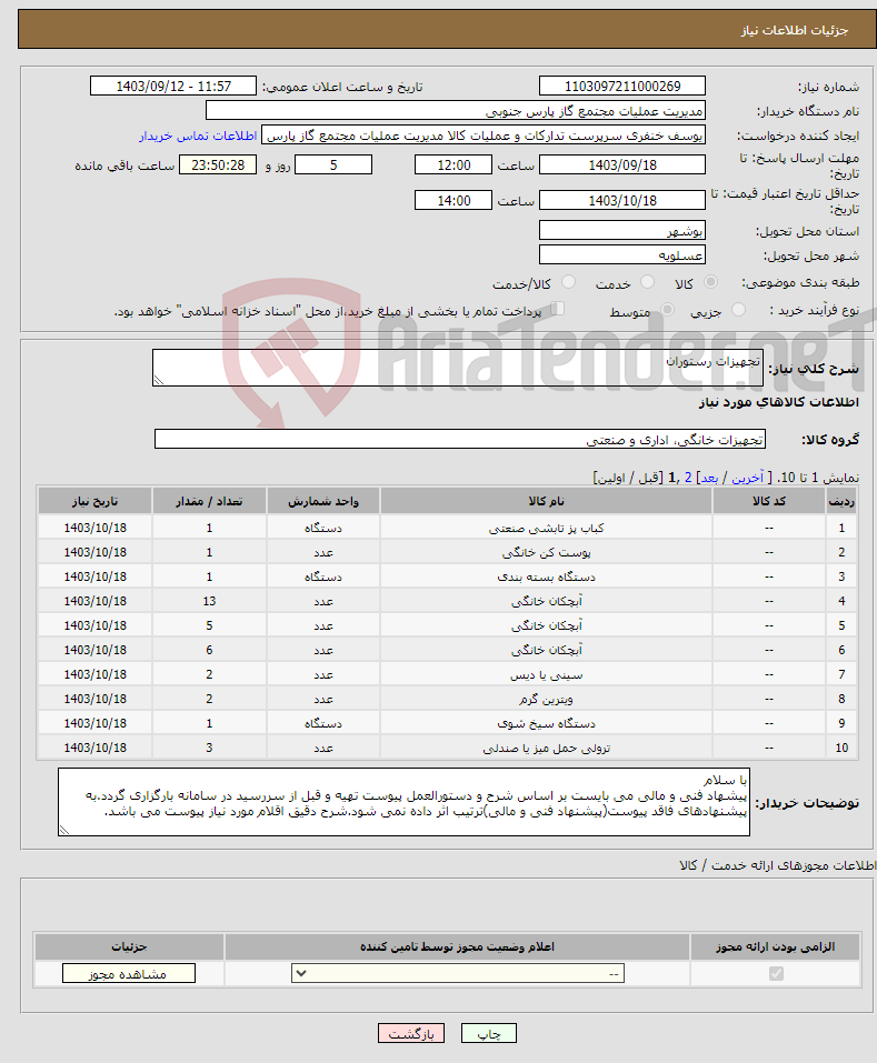 تصویر کوچک آگهی نیاز انتخاب تامین کننده-تجهیزات رستوران 