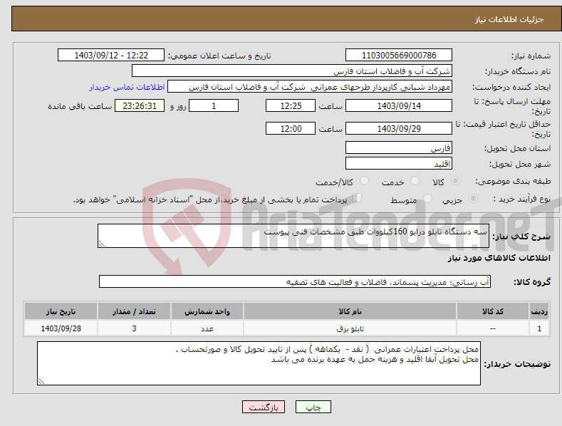 تصویر کوچک آگهی نیاز انتخاب تامین کننده-سه دستگاه تابلو درایو 160کیلووات طبق مشخصات فنی پیوست