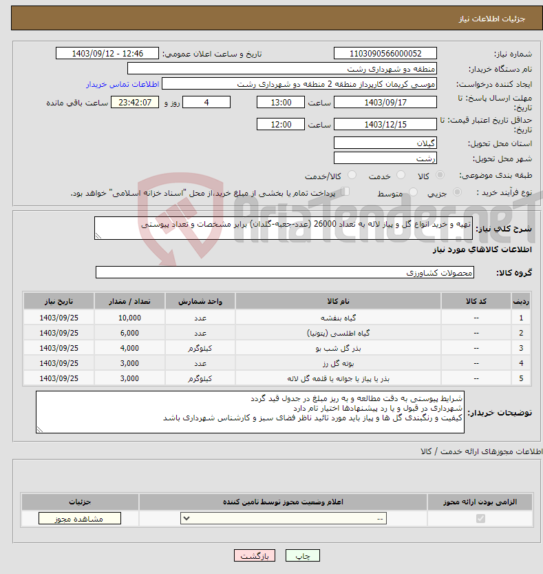 تصویر کوچک آگهی نیاز انتخاب تامین کننده-تهیه و خرید انواع گل و پیاز لاله به تعداد 26000 (عدد-جعبه-گلدان) برابر مشخصات و تعداد پیوستی