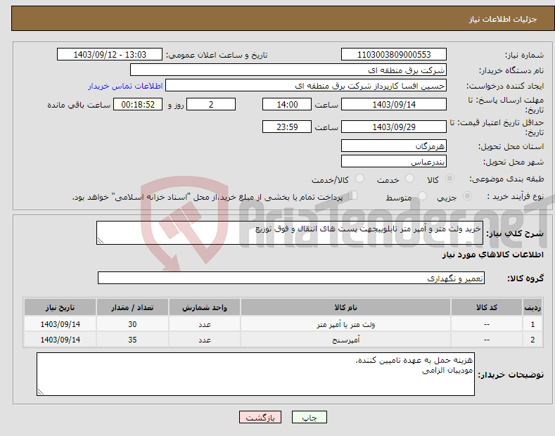 تصویر کوچک آگهی نیاز انتخاب تامین کننده-خرید ولت متر و آمپر متر تابلوییجهت پست های انتقال و فوق توزیع 