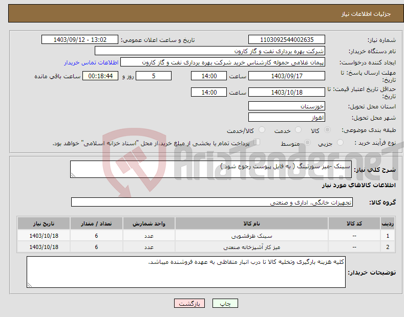 تصویر کوچک آگهی نیاز انتخاب تامین کننده-سینک -میز سورتینگ ( به فایل پیوست رجوع شود )