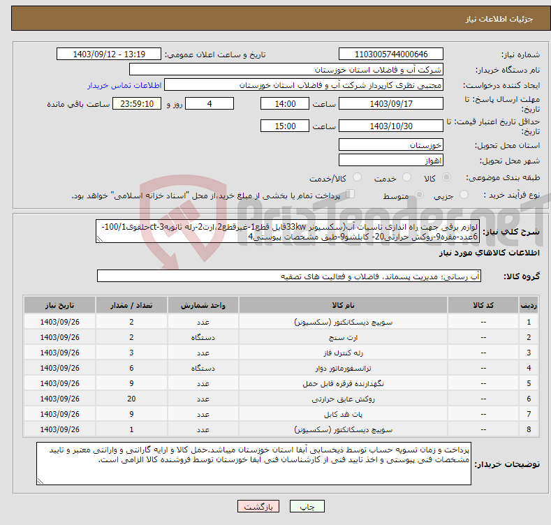 تصویر کوچک آگهی نیاز انتخاب تامین کننده-لوازم برقی جهت راه اندازی تاسیات آب(سکسیونر 33kwقابل قطع1-غیرقطع2،ارت2-رله ثانویه3-ctحلقوی100/1-6عدد-مقره9-روکش حرارتی20- کابلشو9-طبق مشخصات پیوستی4