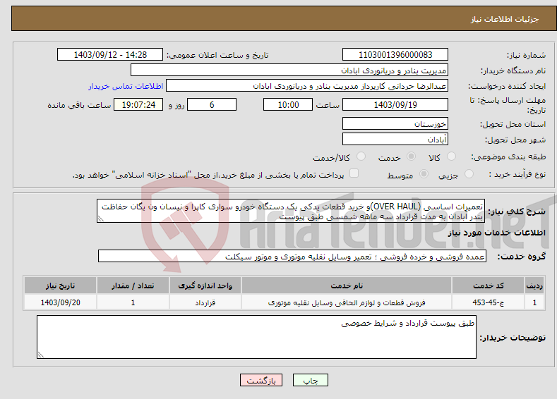 تصویر کوچک آگهی نیاز انتخاب تامین کننده-تعمیرات اساسی (OVER HAUL)و خرید قطعات یدکی یک دستگاه خودرو سواری کاپرا و نیسان ون یگان حفاظت بندر آبادان به مدت قرارداد سه ماهه شمسی طبق پیوست