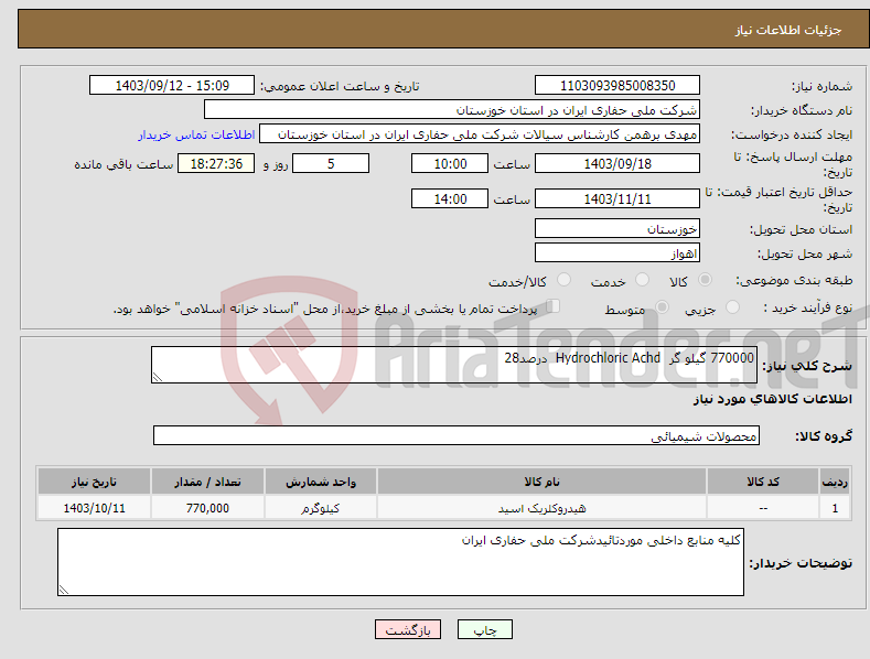 تصویر کوچک آگهی نیاز انتخاب تامین کننده-770000 گیلو گر Hydrochloric Achd درصد28