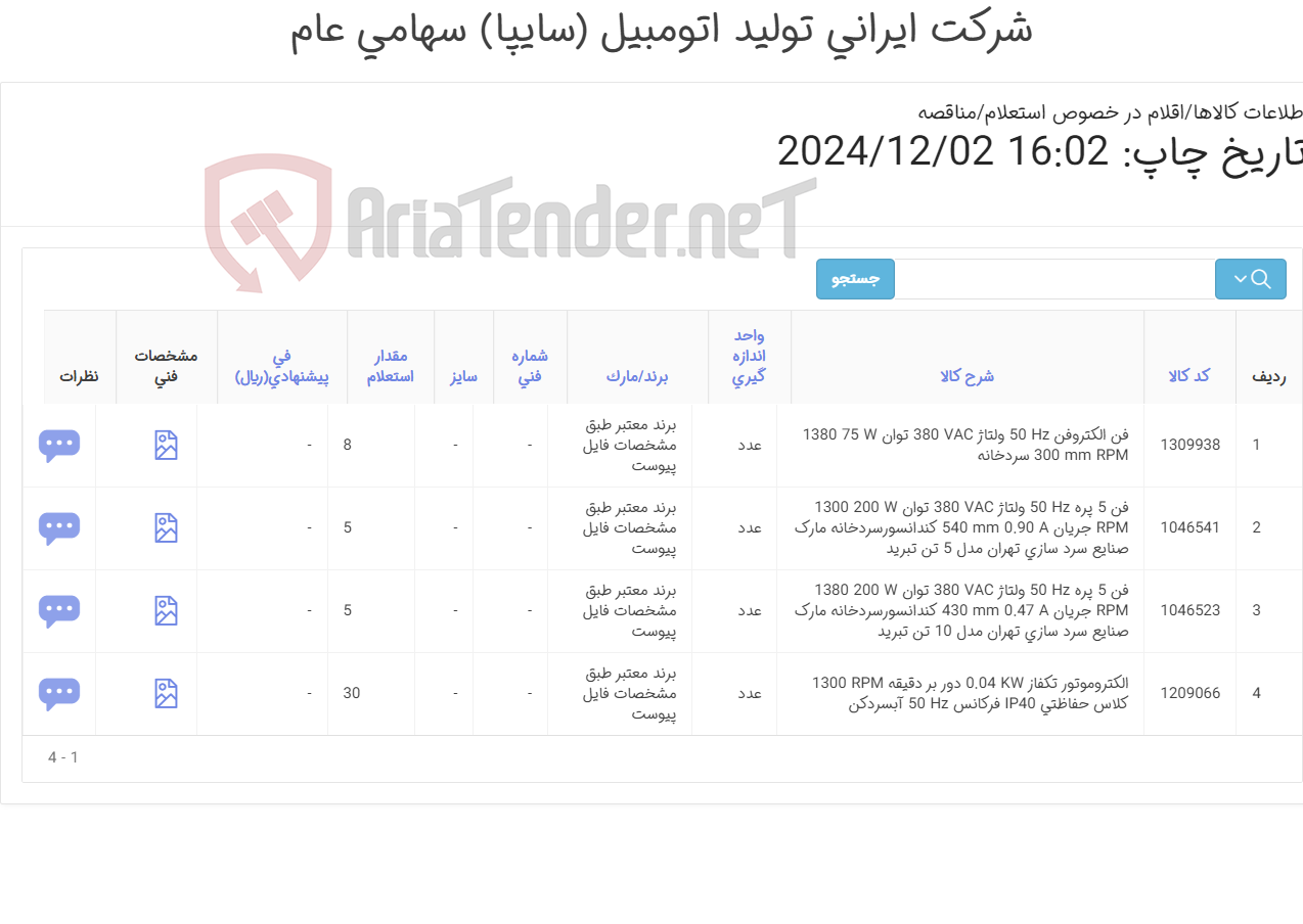 تصویر کوچک آگهی تامین چهار ردیف فن های ‎پنج پره , الکتروموتور و ...